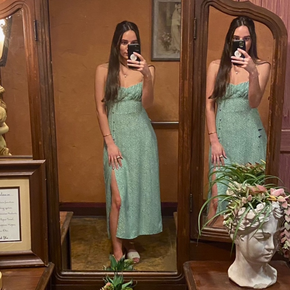 Zara Green Midi Dress with Spaghetti Straps